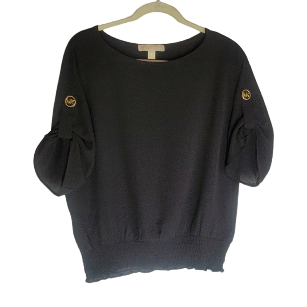 Michael Kors Women's Black Roll-Up Sleeve Blouse Top - Medium